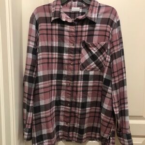 Columbia 2X flannel button front shirt pink white grey EUC